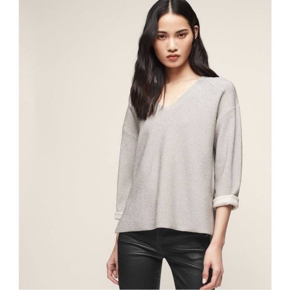 Reiss Julietta Slouchy Sweater Metallic‎ Silver Size Medium V Neck Holidays